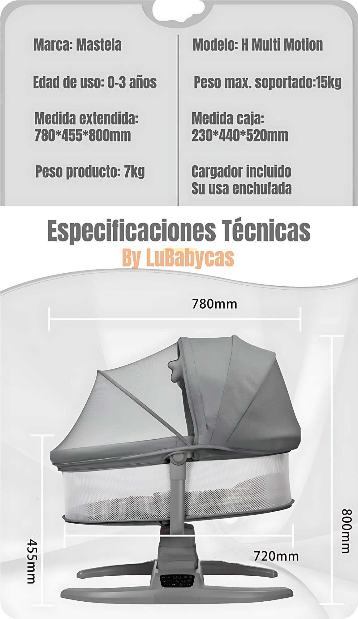 Cuna Mecedora Eléctrica 2 En 1 Mastela Gris LuBabycas