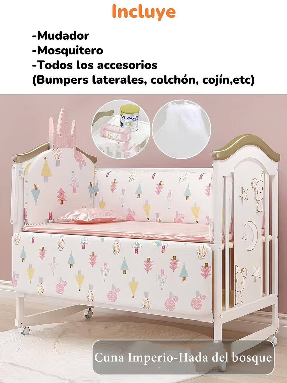 Cuna Colecho Madera Con Mudador Mosquitero Lubabycas Rosada