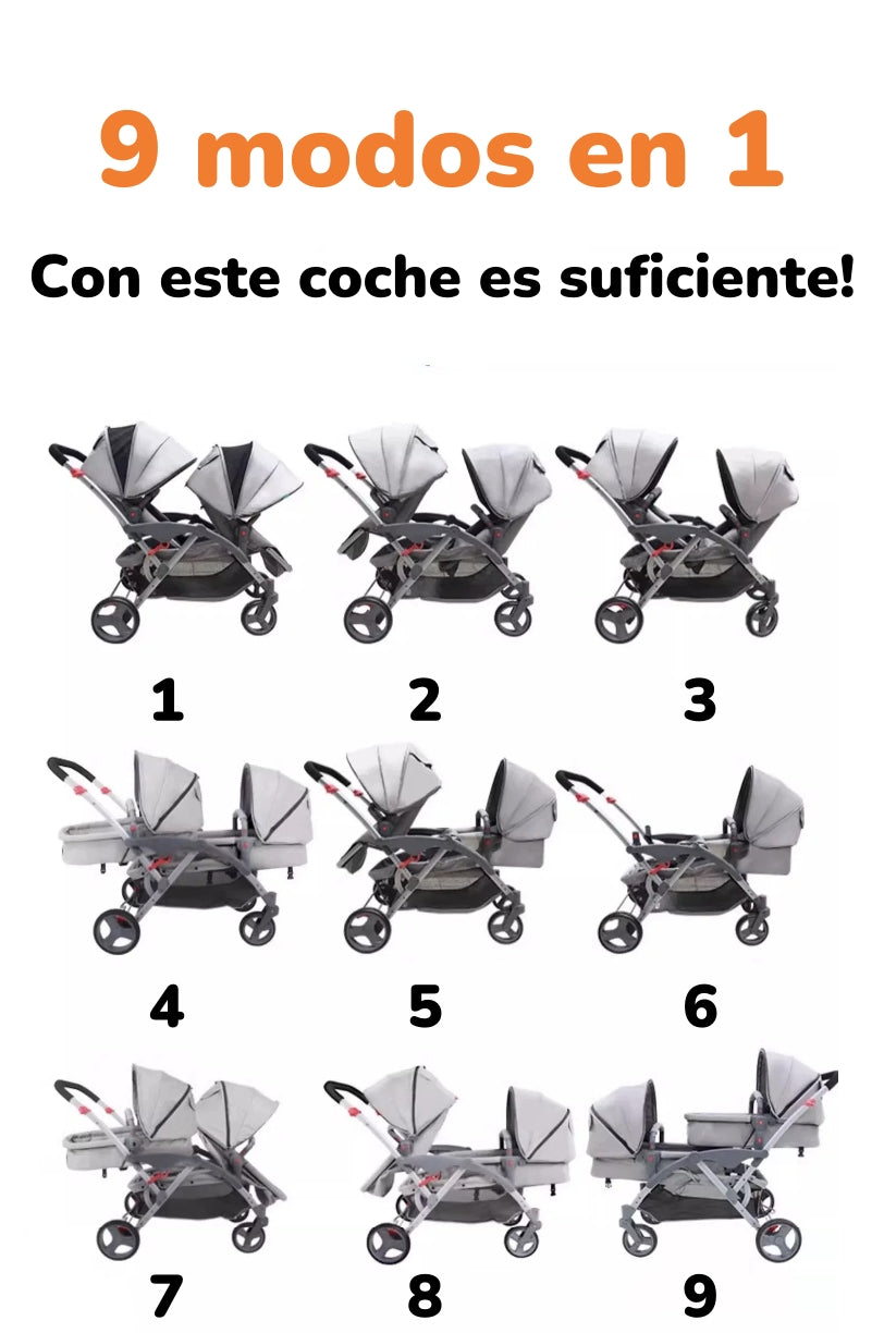 Coche Doble Duo Reclinable 9 Modos En 1 LuBabycas Gris
