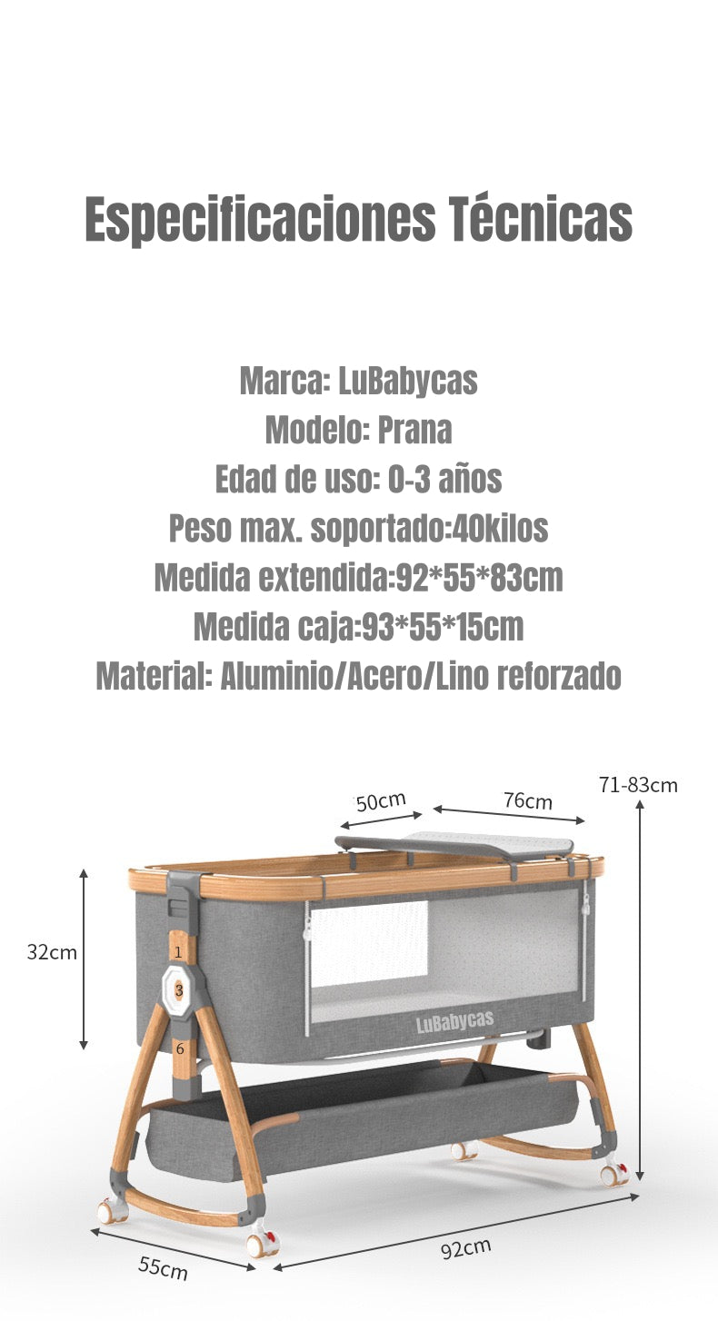 Cuna Colecho Mecedora 3 En 1 LuBabycas Gris