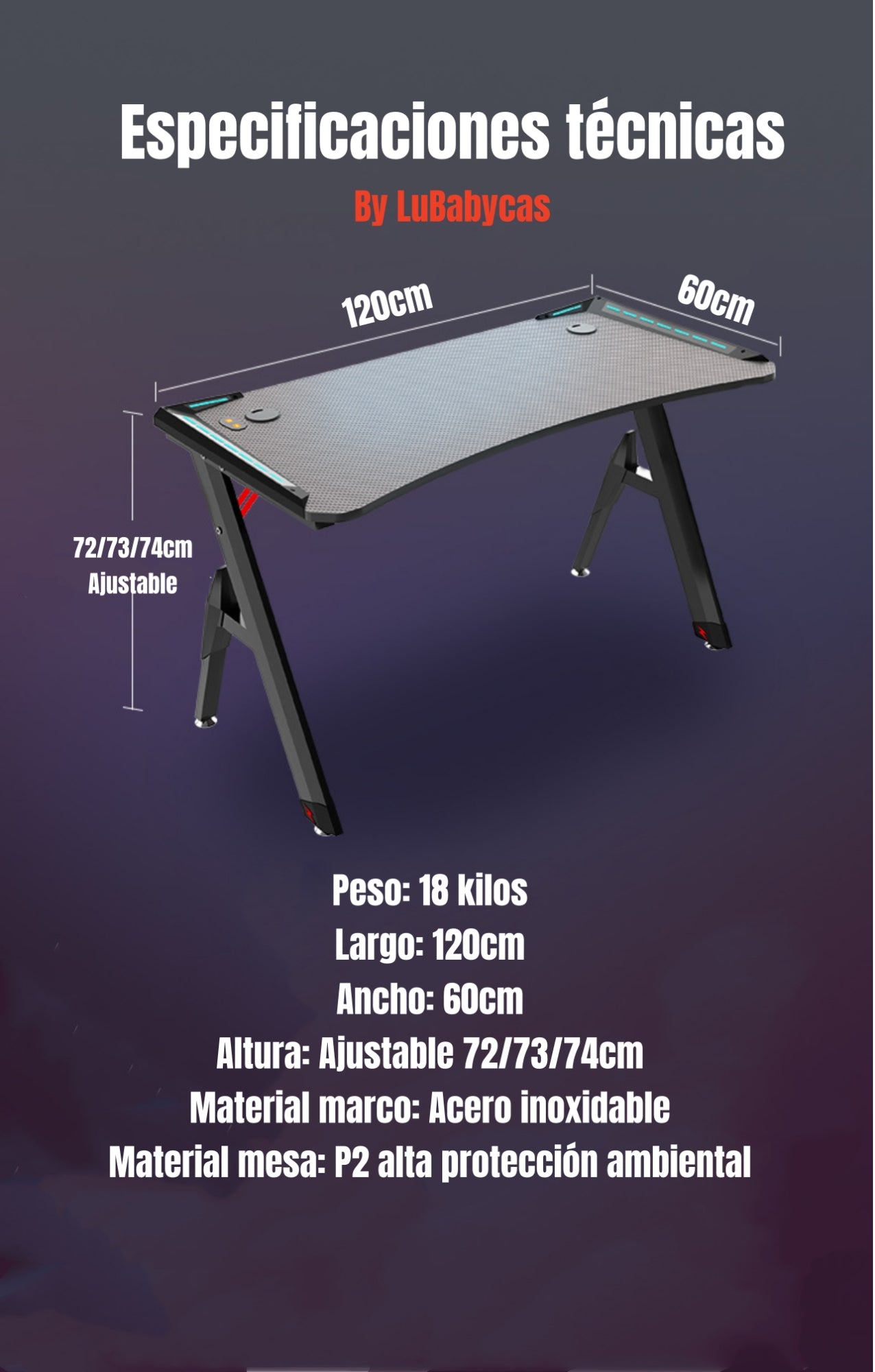Escritorio Gamer Con Luces 120x60x73cm Negro By LuBabycas