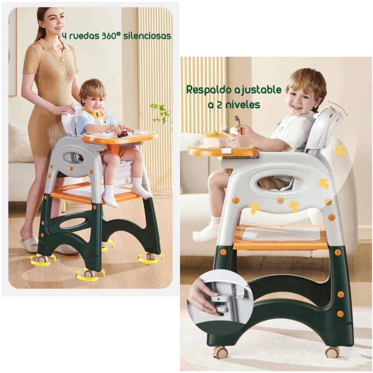 Silla De Comer Multifuncional Con Ruedas Rosada Lubabycas