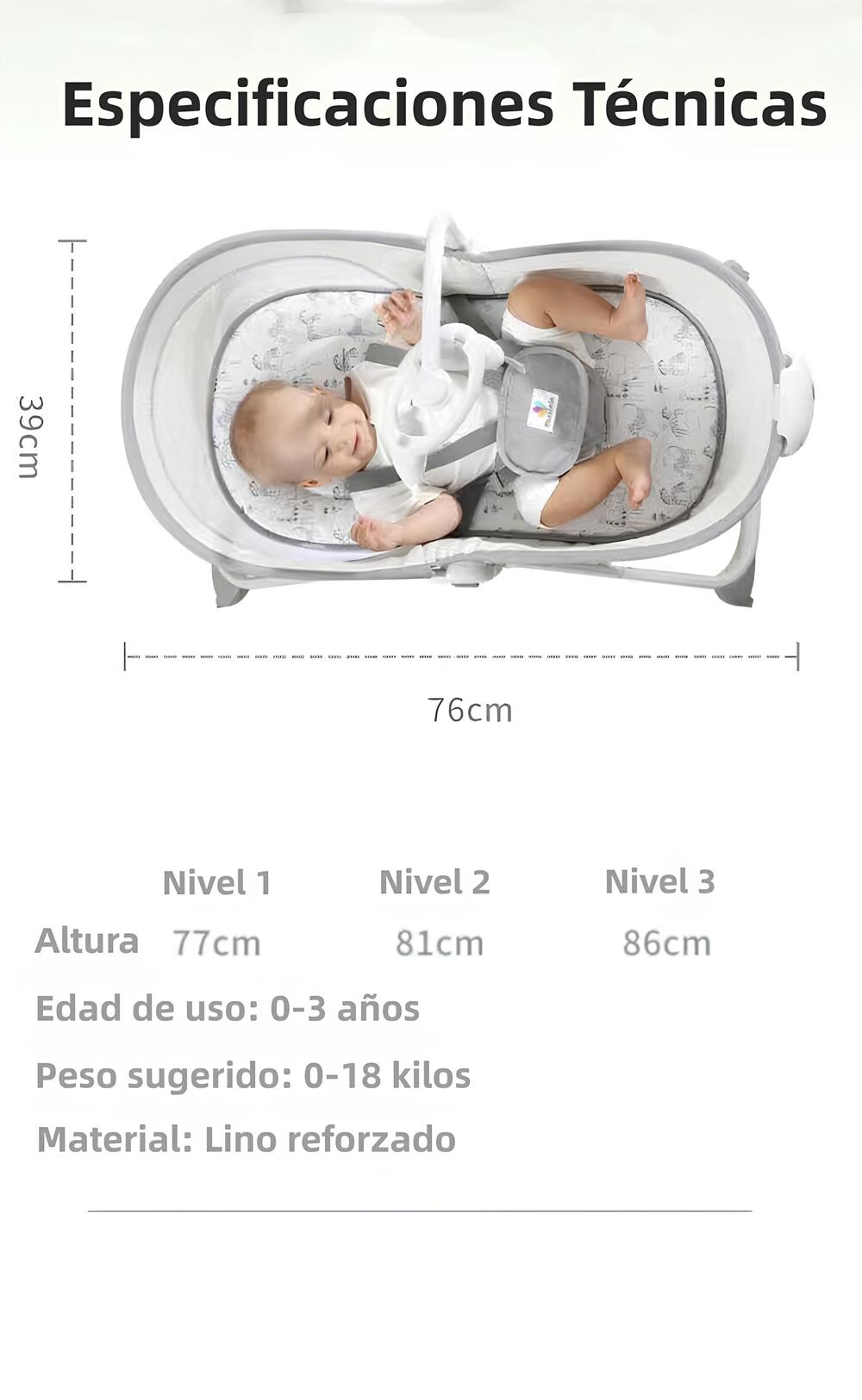 Cuna Moisés Y Columpio Con Vibración 2 En 1 Lubabycas Gris