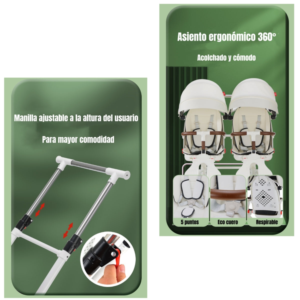 Coche Doble con Mesita de Comer Reclinable Negro LuBabycas