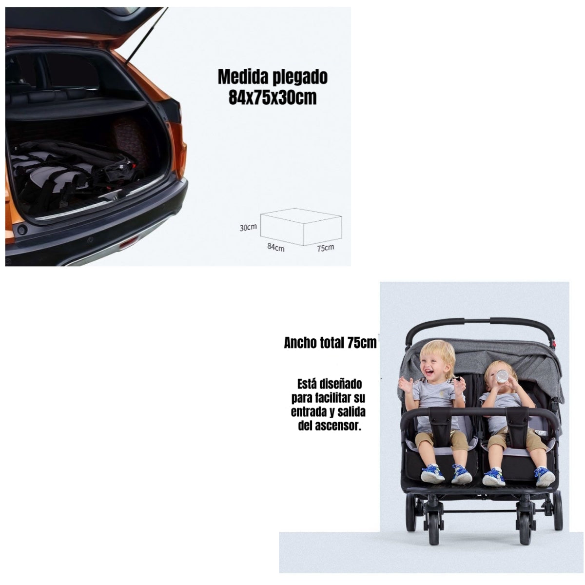 Coche Doble Reclinable 4 años Seebaby Gris LuBabycas