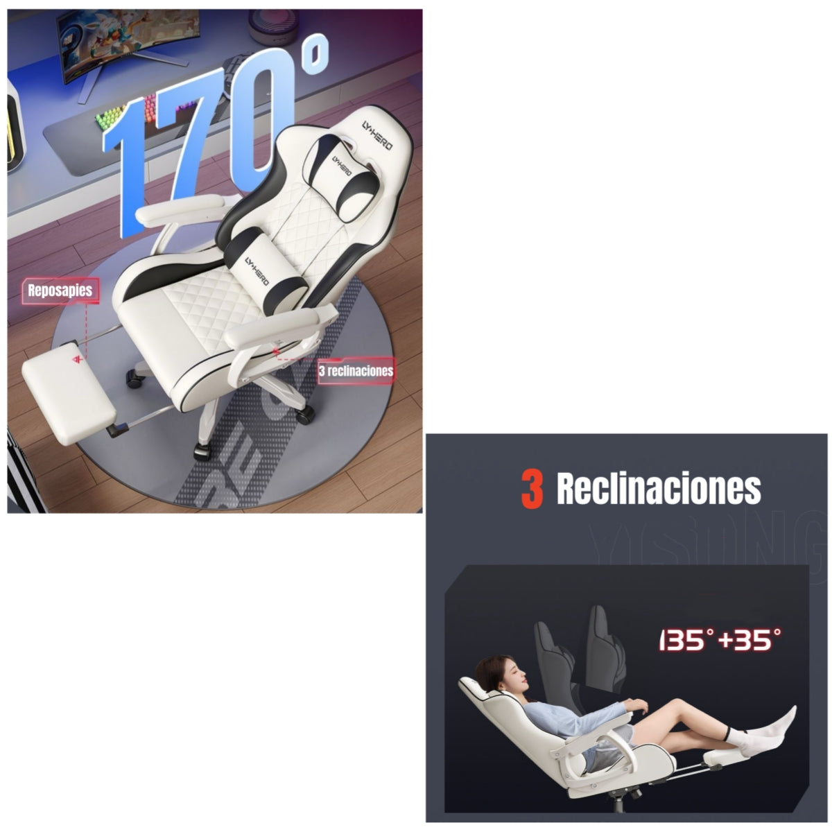 Silla Gamer Ergonómica Reclinable Con Reposapies Blanca