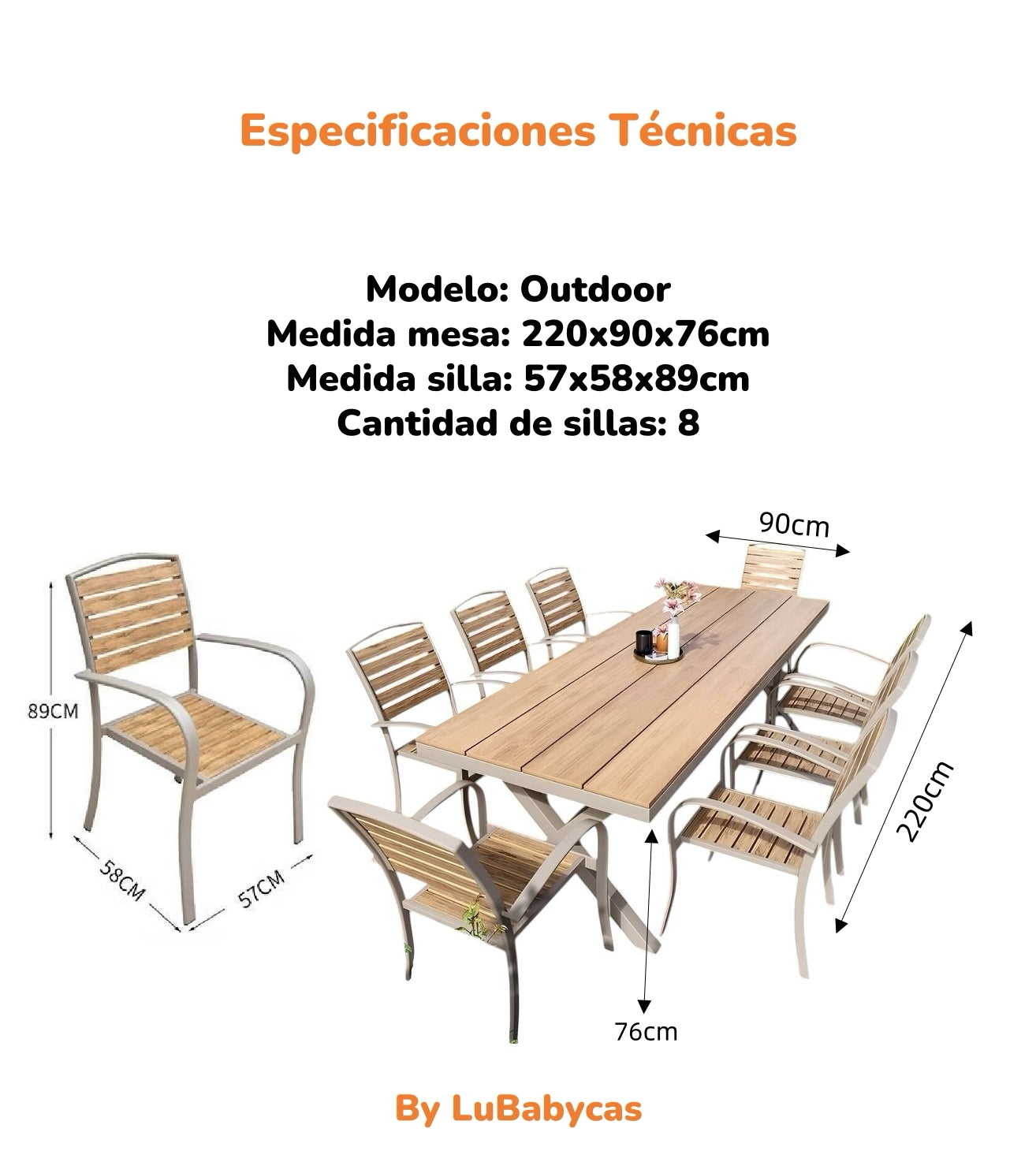 Juego De Comedor Exteriores 220CM Y 8 Sillas Impermeables