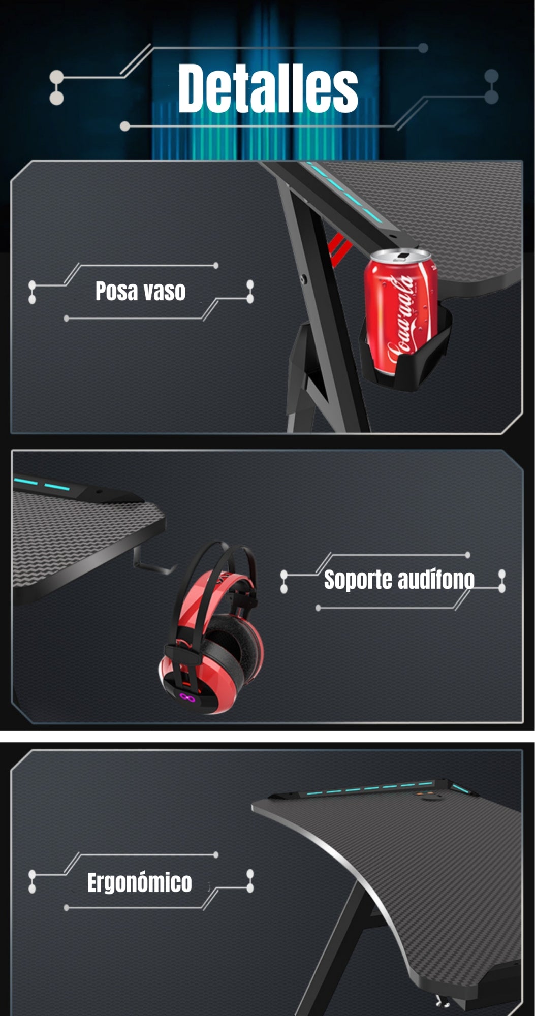 Escritorio Gamer Con Luces 120x60x73cm Negro By LuBabycas