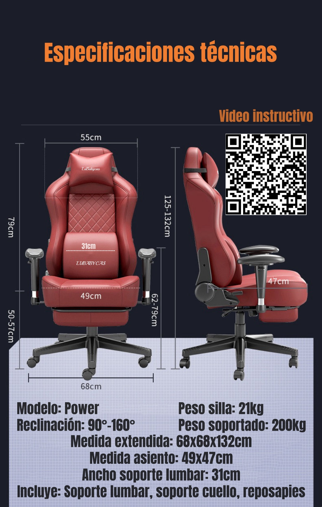 Silla Gamer Premium Reclinable Con Reposapies Power Roja