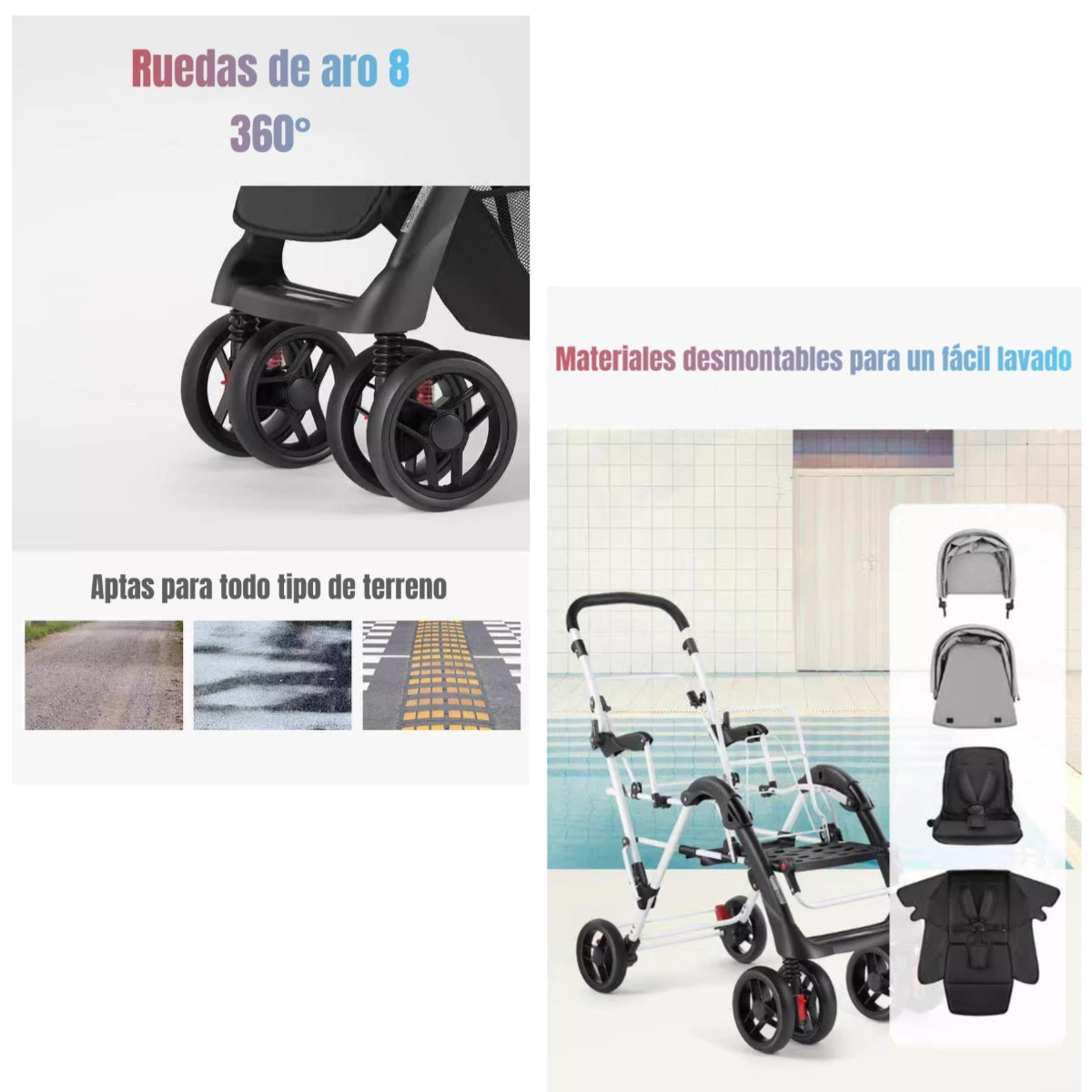 Coche Doble Duo Reclinable Plegable Gris By LuBabycas