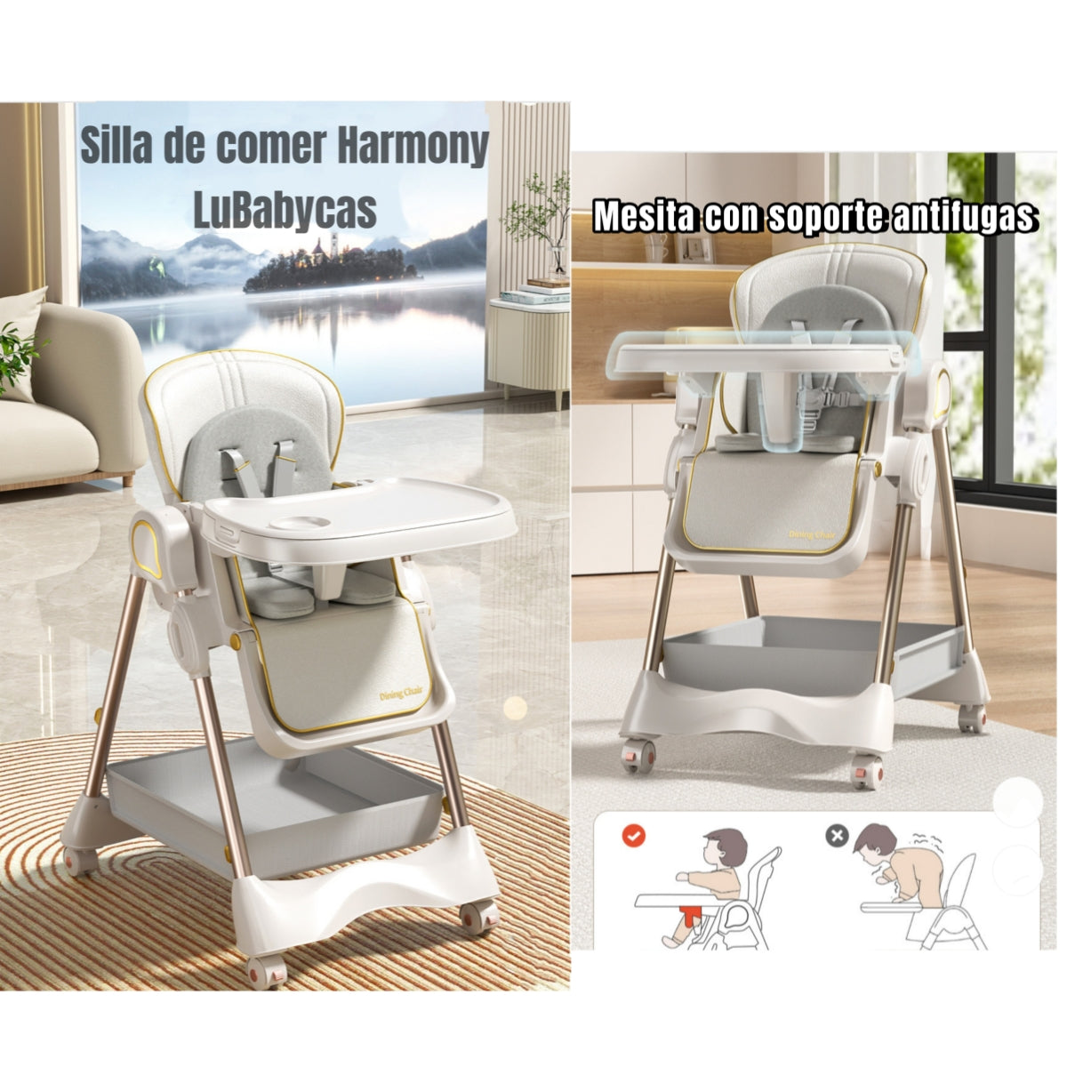 Silla De Comer Columpio 2 En 1 Con Protector Crema LuBabycas