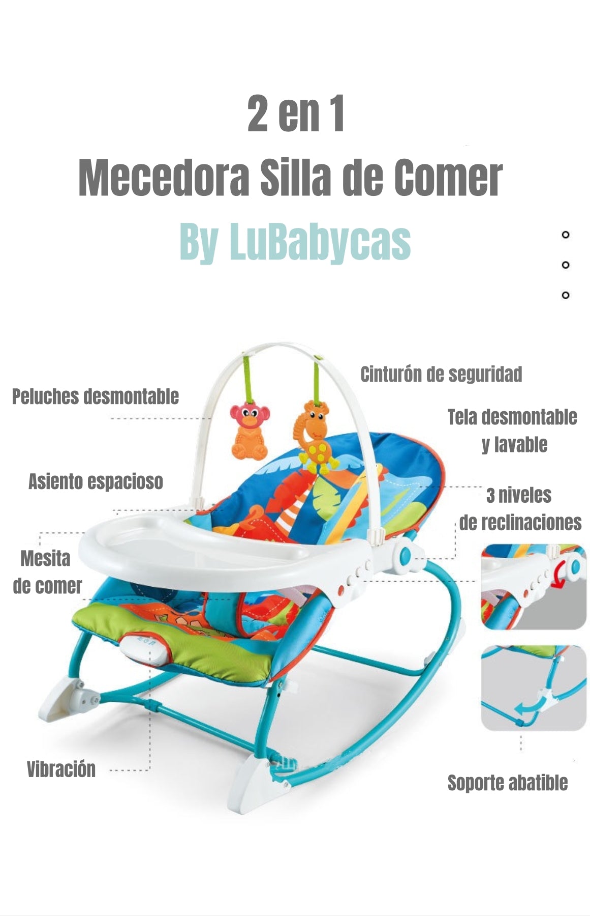Mecedora Silla de Comer 2 en 1 Vibración Azul LuBabycas