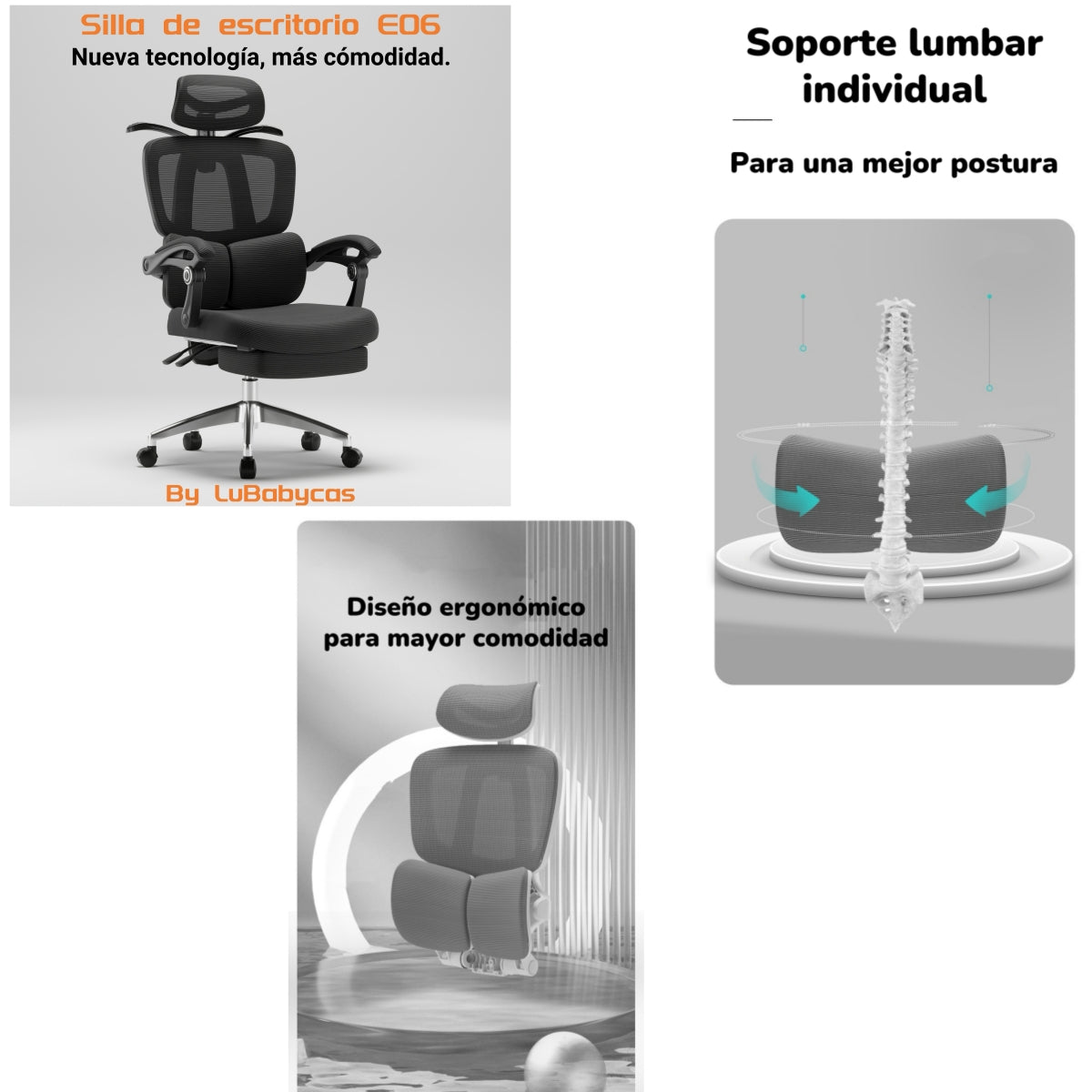 Silla De Escritorio Reclinable Reposapies E06 Negra LuBabycas