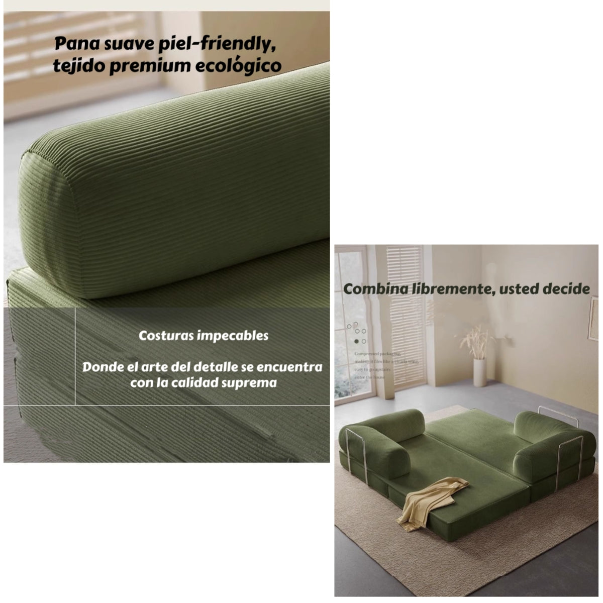 Sillon Sofa Cama Comprimido Combinable 203cm K17 Verde