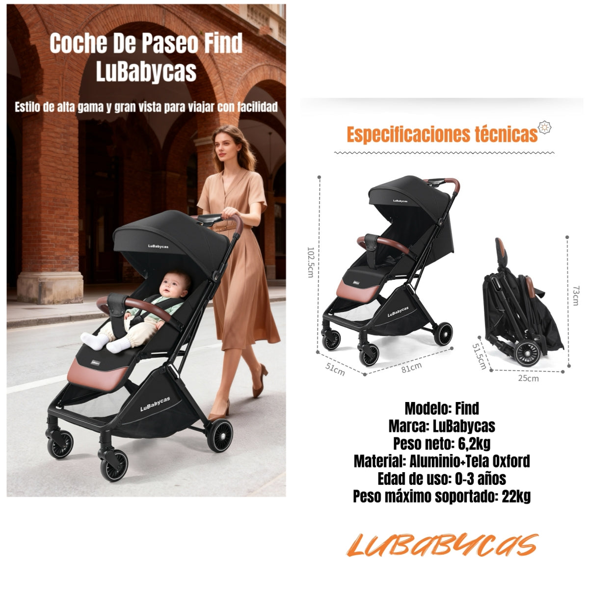 Coche De Paseo LuBabycas Elegante De Aluminio 0-3 Años Find