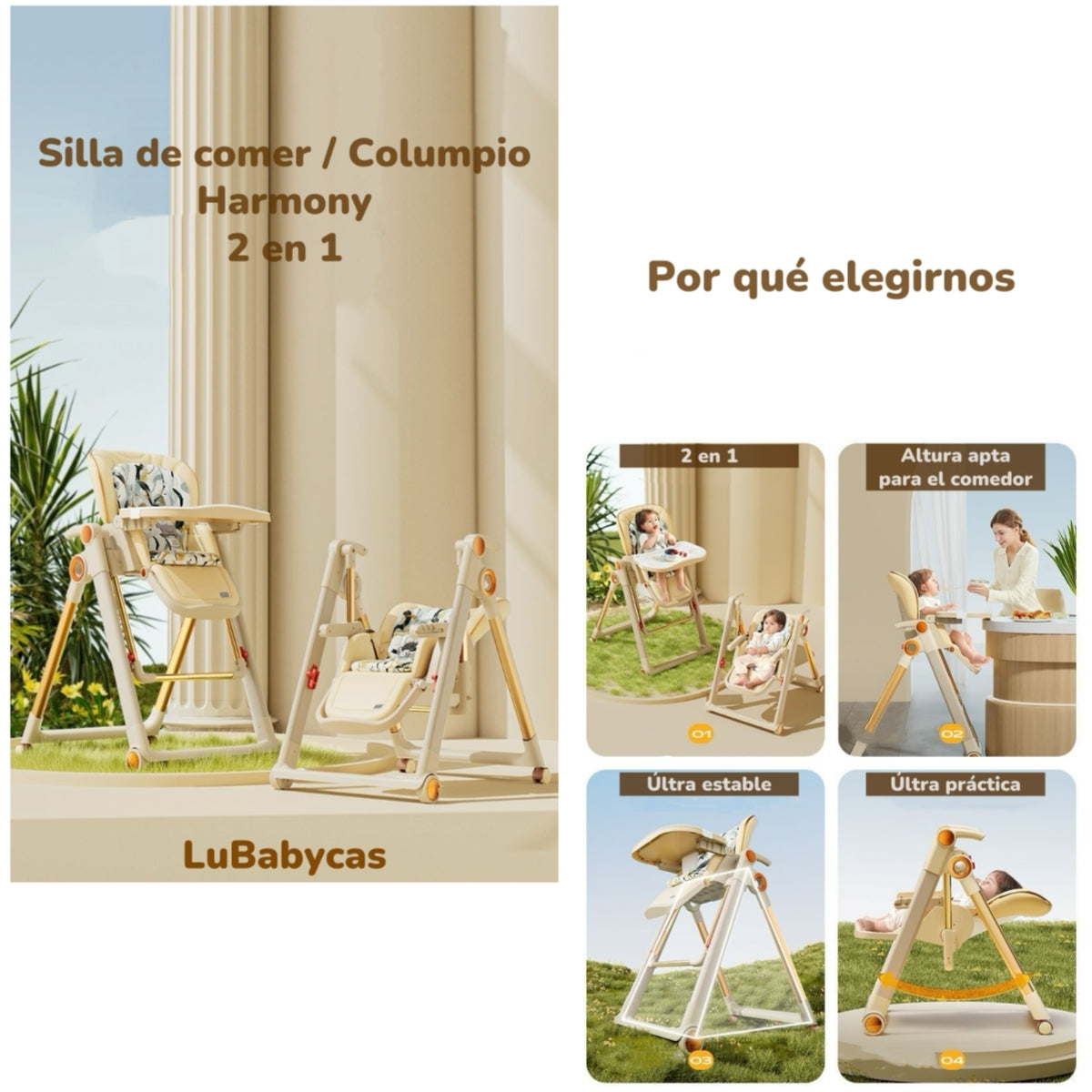 Silla De Comer Columpio 2 En 1 Con Protector Crema LuBabycas