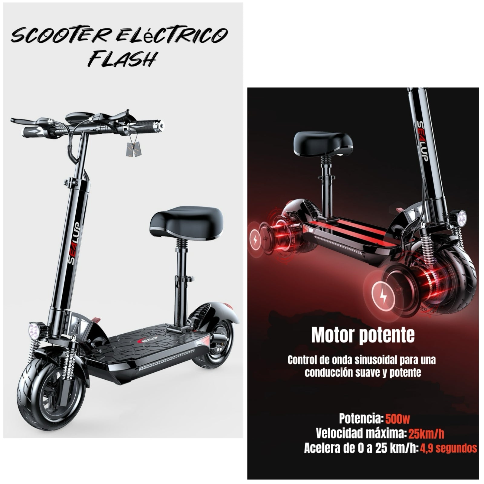 Scooter Adulto Eléctrico Flash 48V 500W 80KM Aluminio Negro
