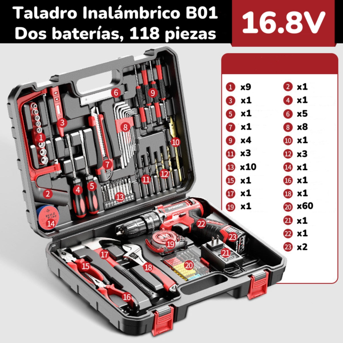 Kit Taladro Inalámbrico 2 Baterías 16,8V 118 Piezas B01