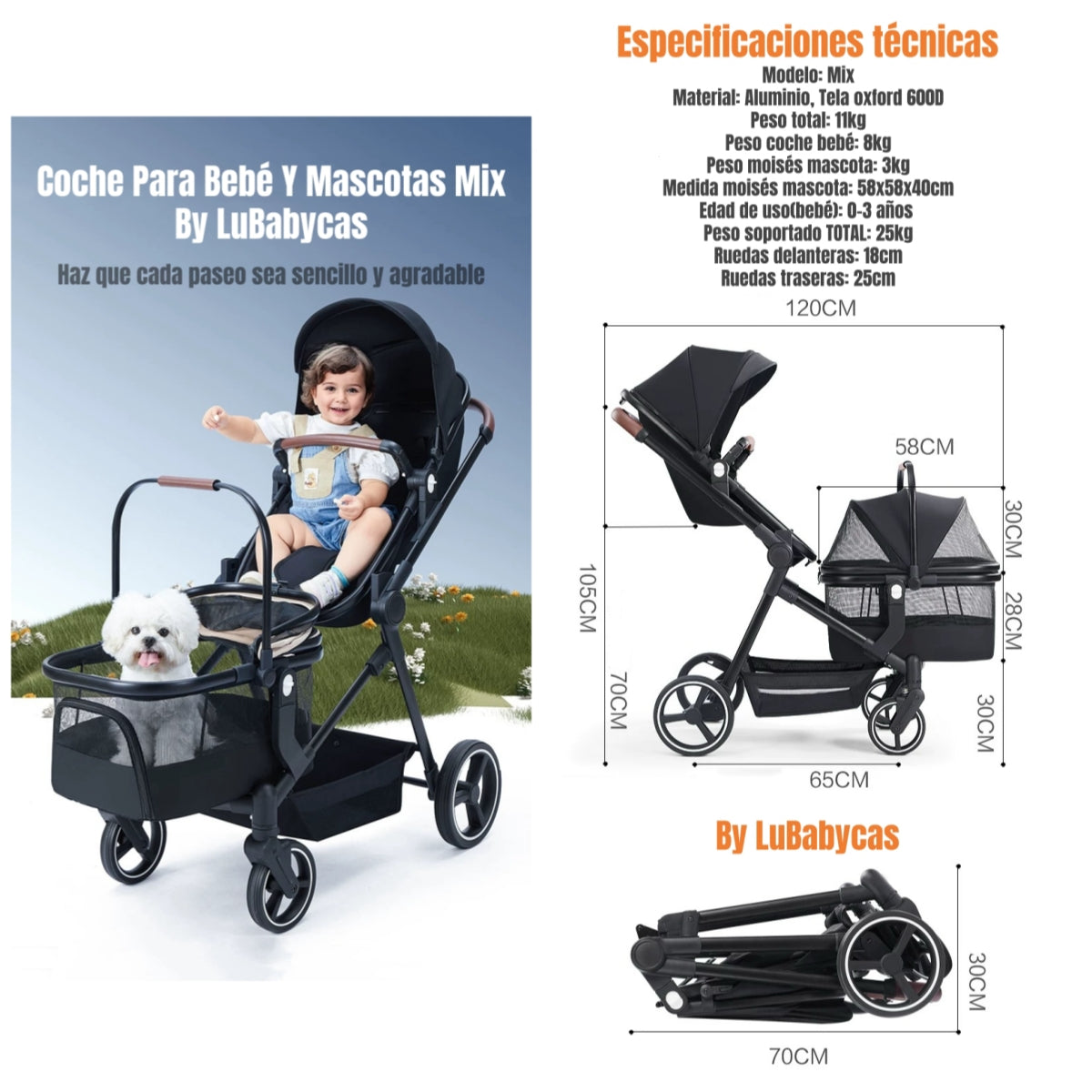 Coche De Bebé Y Mascota 2 En 1 Mix Negro By LuBabycas