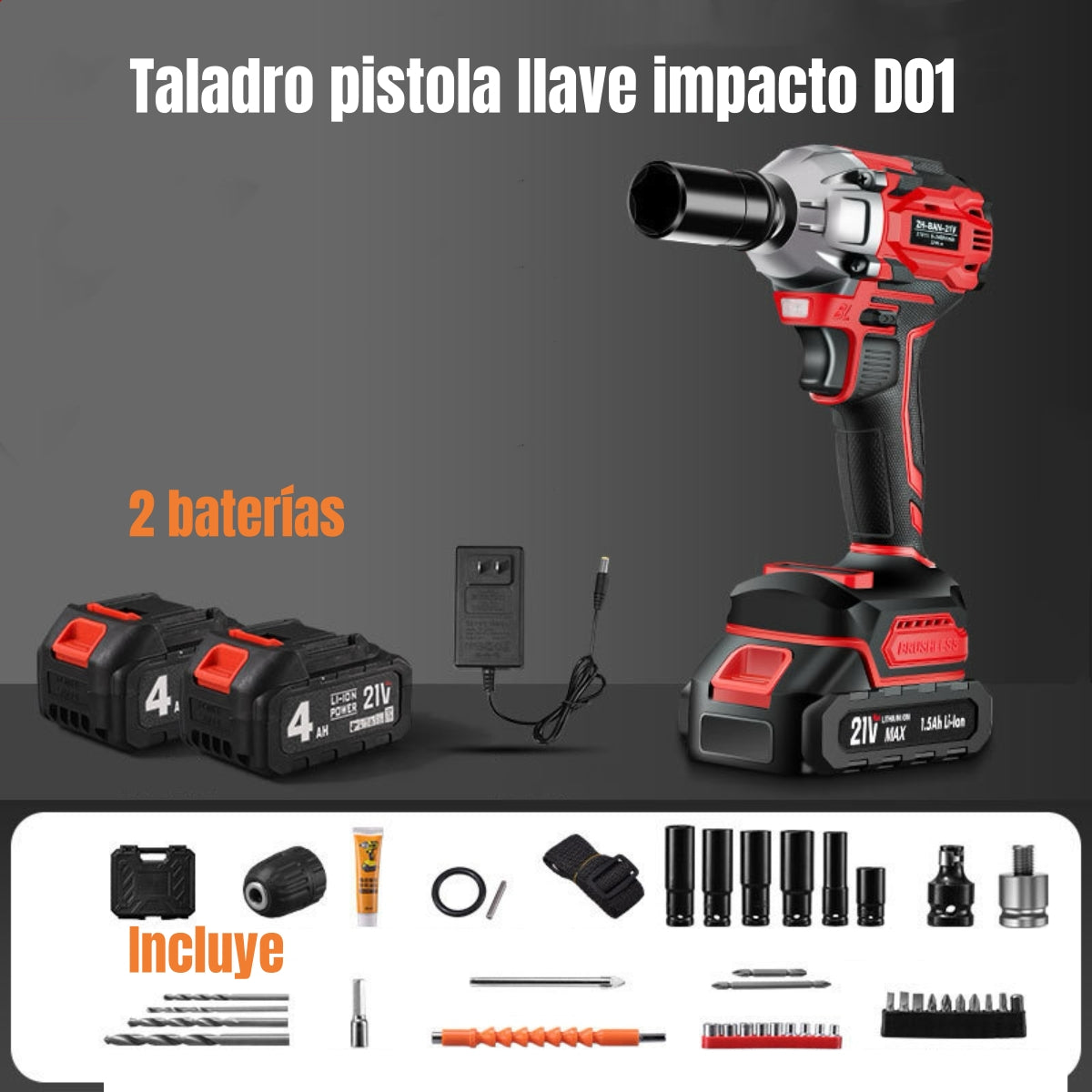 Kit Llave De Impacto Inalámbrica Taladro Pistola 2 Baterías