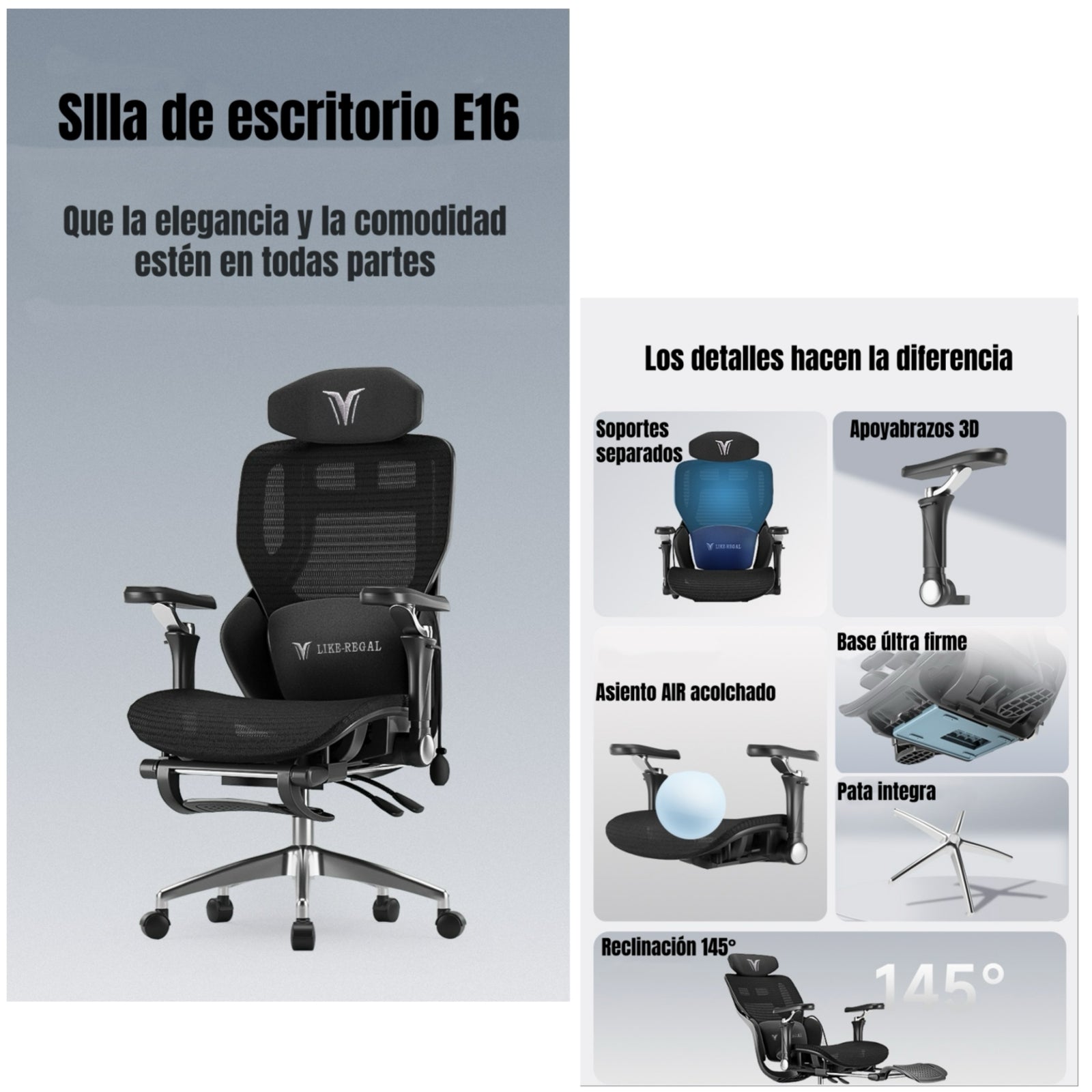 Silla De Escritorio Reclinable Con Reposapies E16 Negra