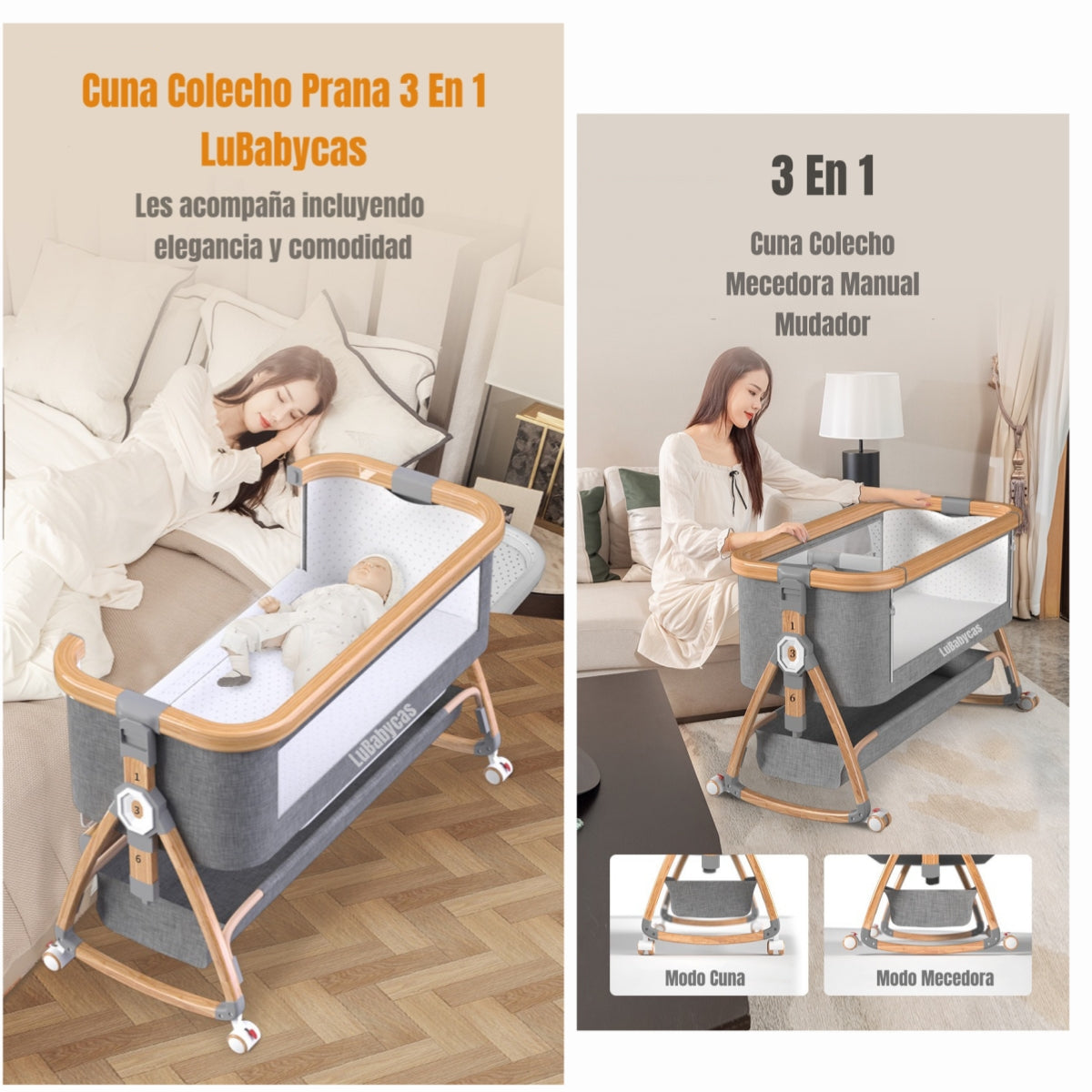 Cuna Colecho Mecedora 3 En 1 LuBabycas Rosada