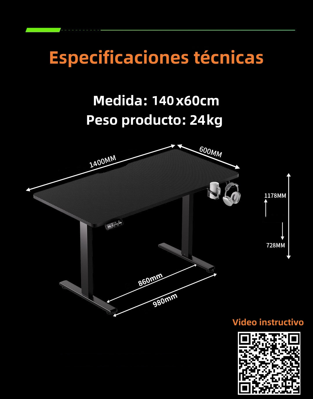 Escritorio Eléctrico Regulable Warrior 140cm Negro LuBabycas