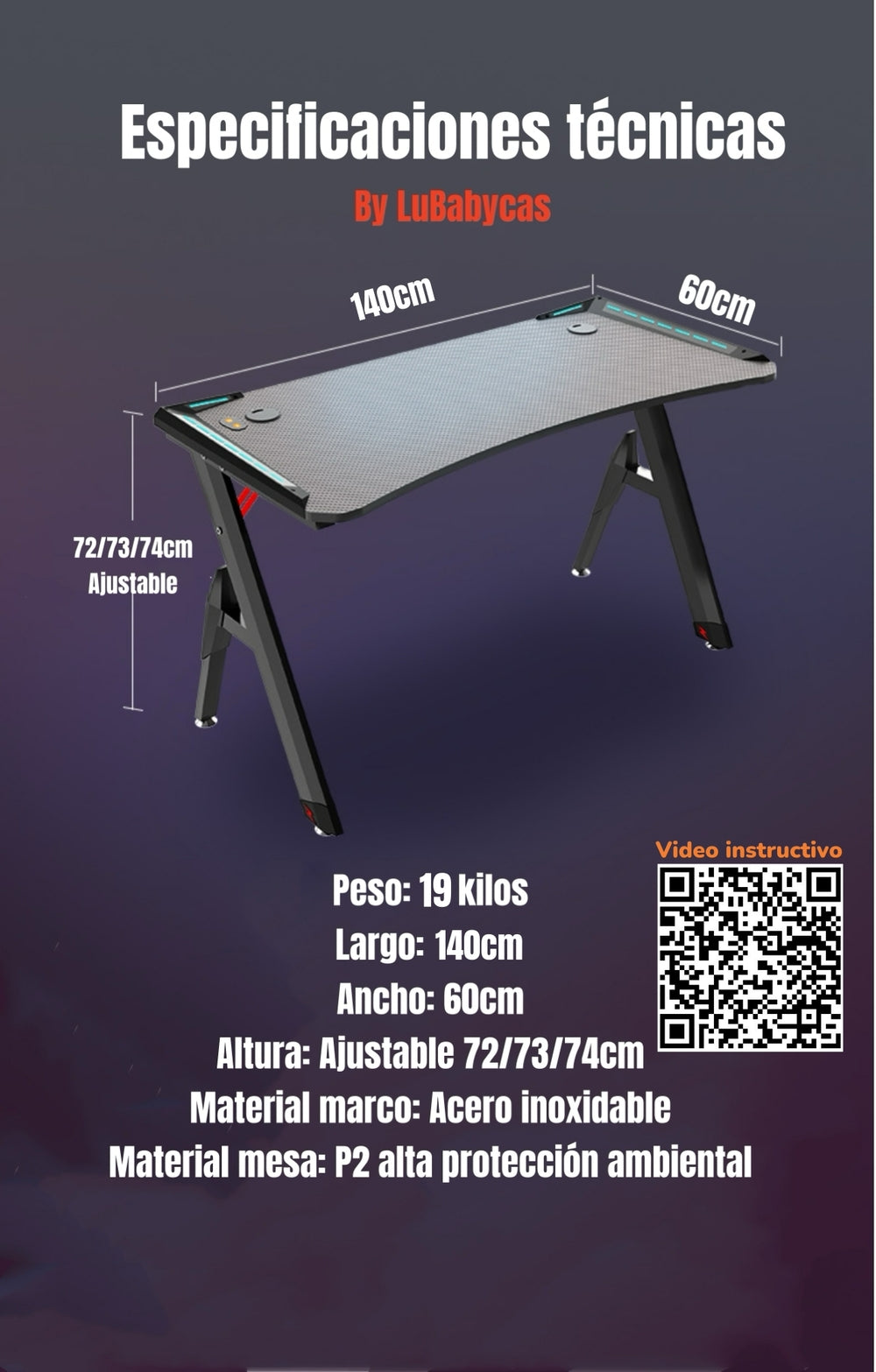 Escritorio Gamer Con Luces 140x60x73cm Negro Gamer