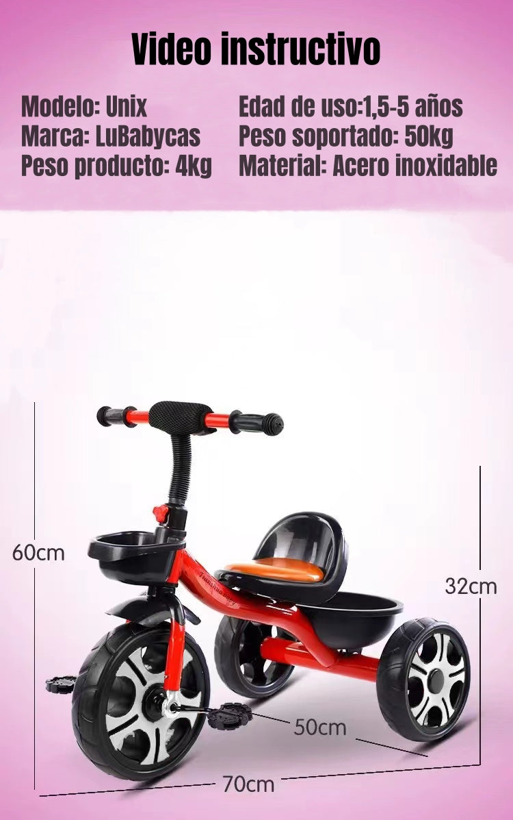Triciclo Infantil Con Canastos 5 Años Unix Rojo LuBabycas