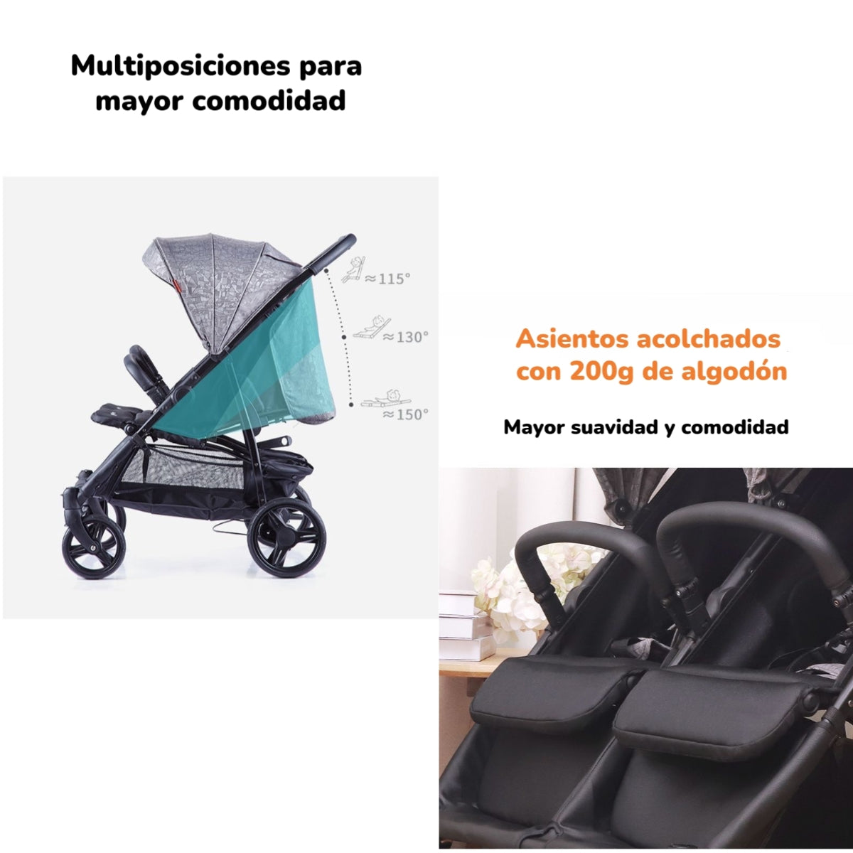 Coche Doble De Paseo Marco Aluminio Liviano Gris LuBabycas