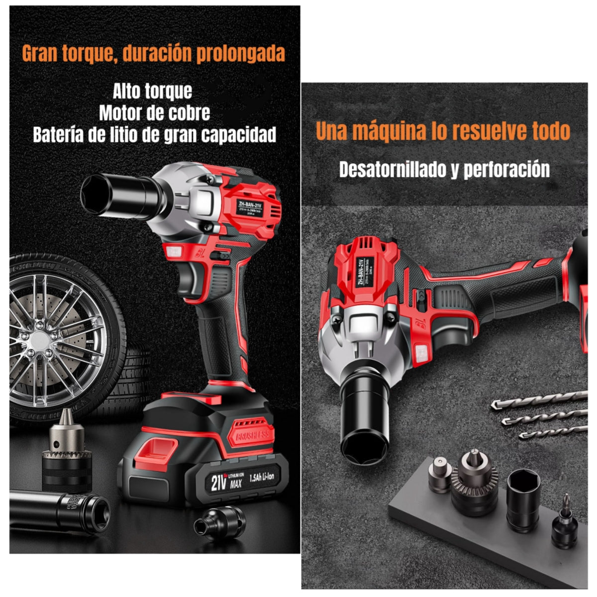 Kit Llave De Impacto Inalámbrica Taladro Pistola 2 Baterías