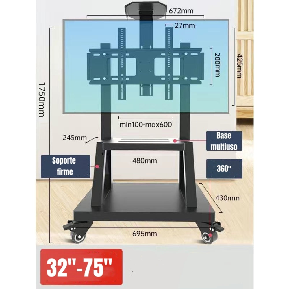Soporte TV Rack Pedestal 32”-75” Con Ruedas Portatil