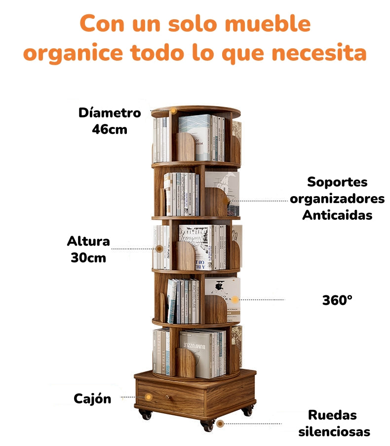 Biblioteca Giratoria 360 Librero Organizador Con Cajón 173cm