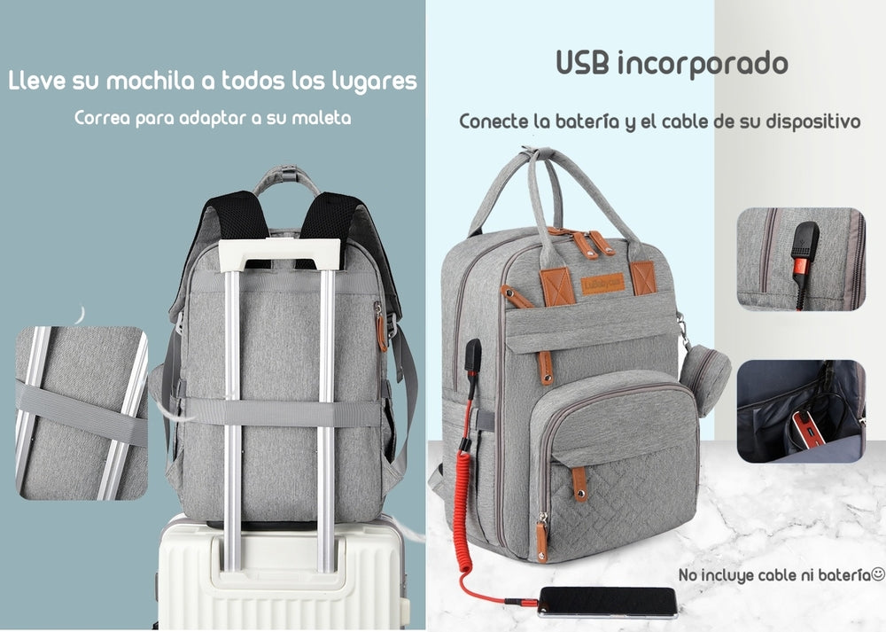 Mochila Maternal Con Monedero Y Colgador Lubabycas Gris