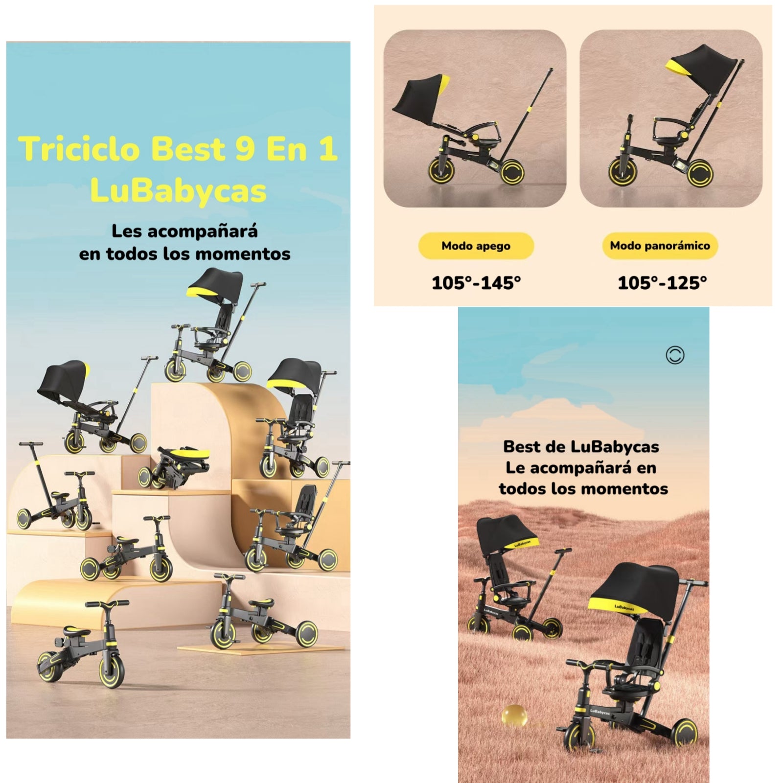 Triciclo Balance Plegable Con Bolso 9 En 1 LuBabycas Negro