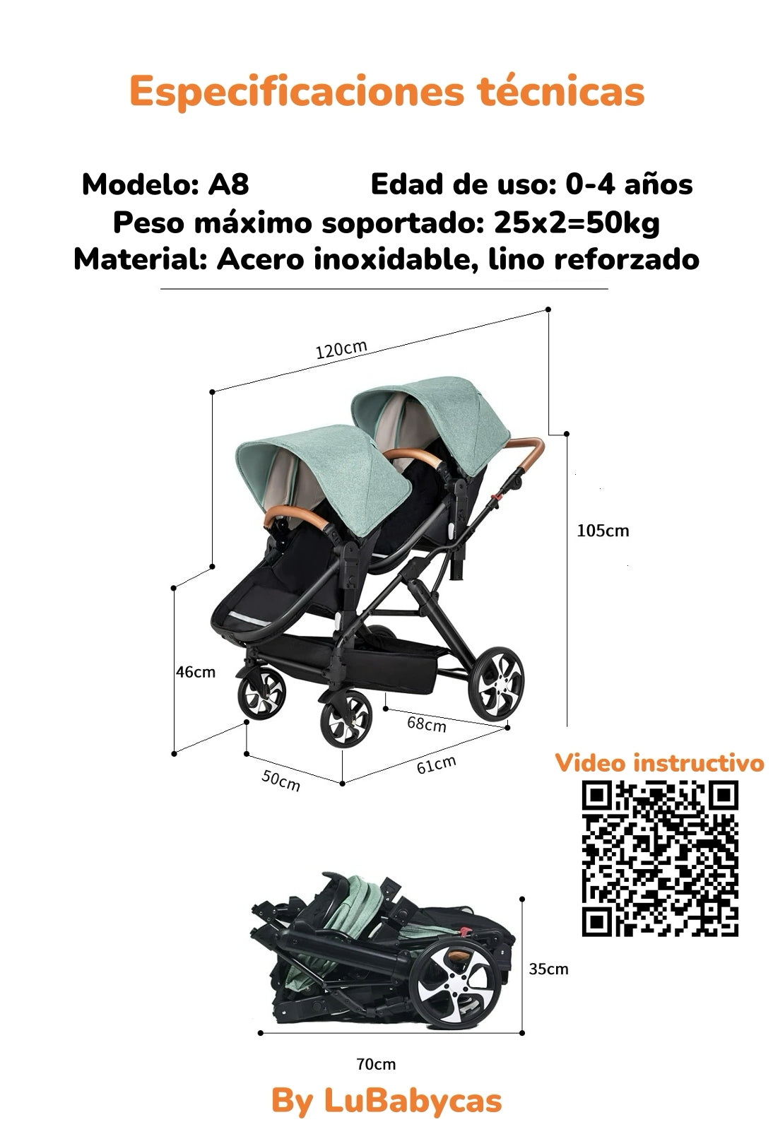 Coche Cuna Doble Multiposiciones Compacto A8 Negro LuBabycas