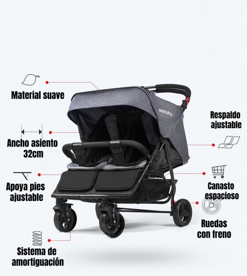 Coche Doble Reclinable 4 años Seebaby Gris LuBabycas