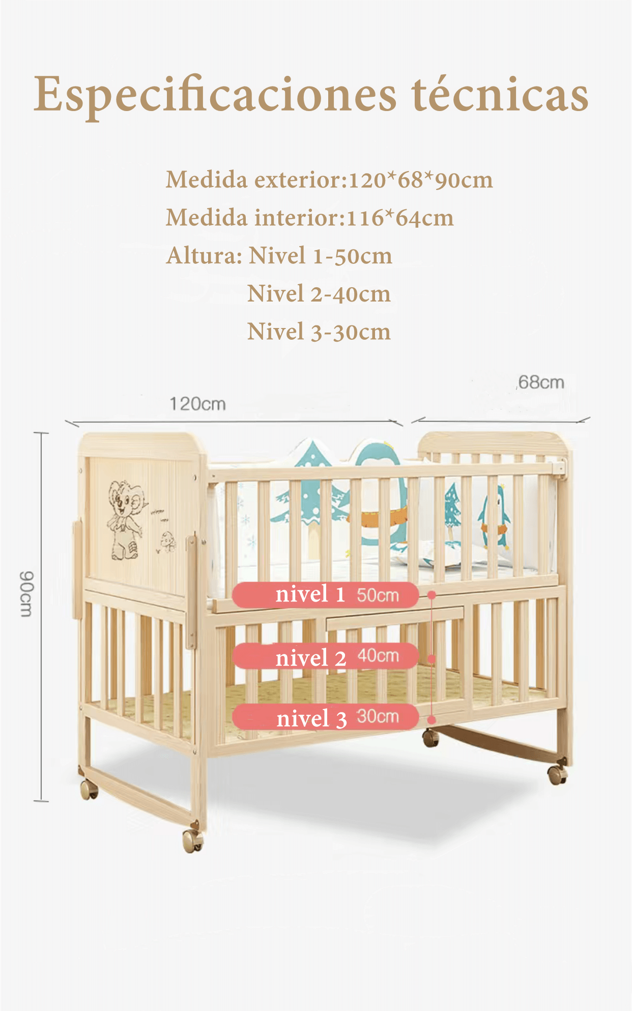 Cuna Colecho Madera Pack&Play Con Mudador LuBabycas