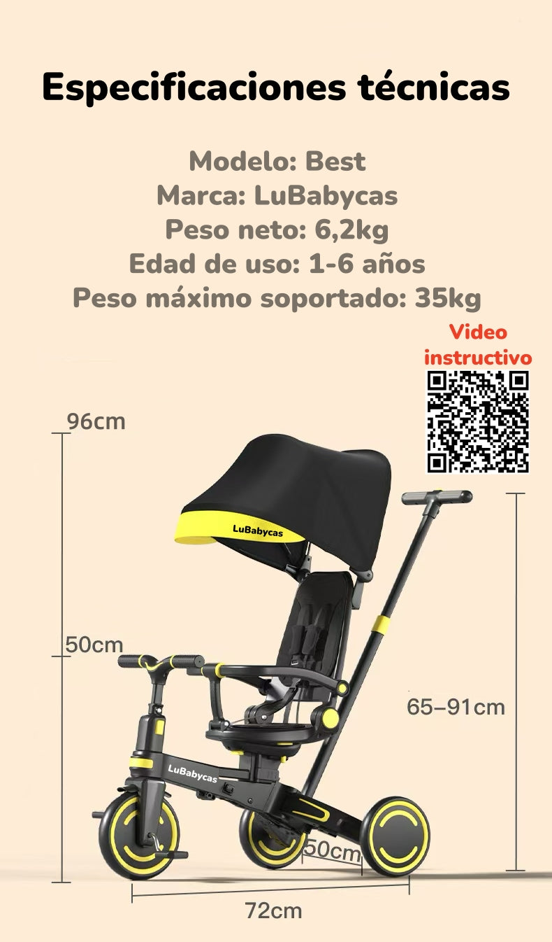 Triciclo Balance Plegable Con Bolso 9 En 1 LuBabycas Rosado