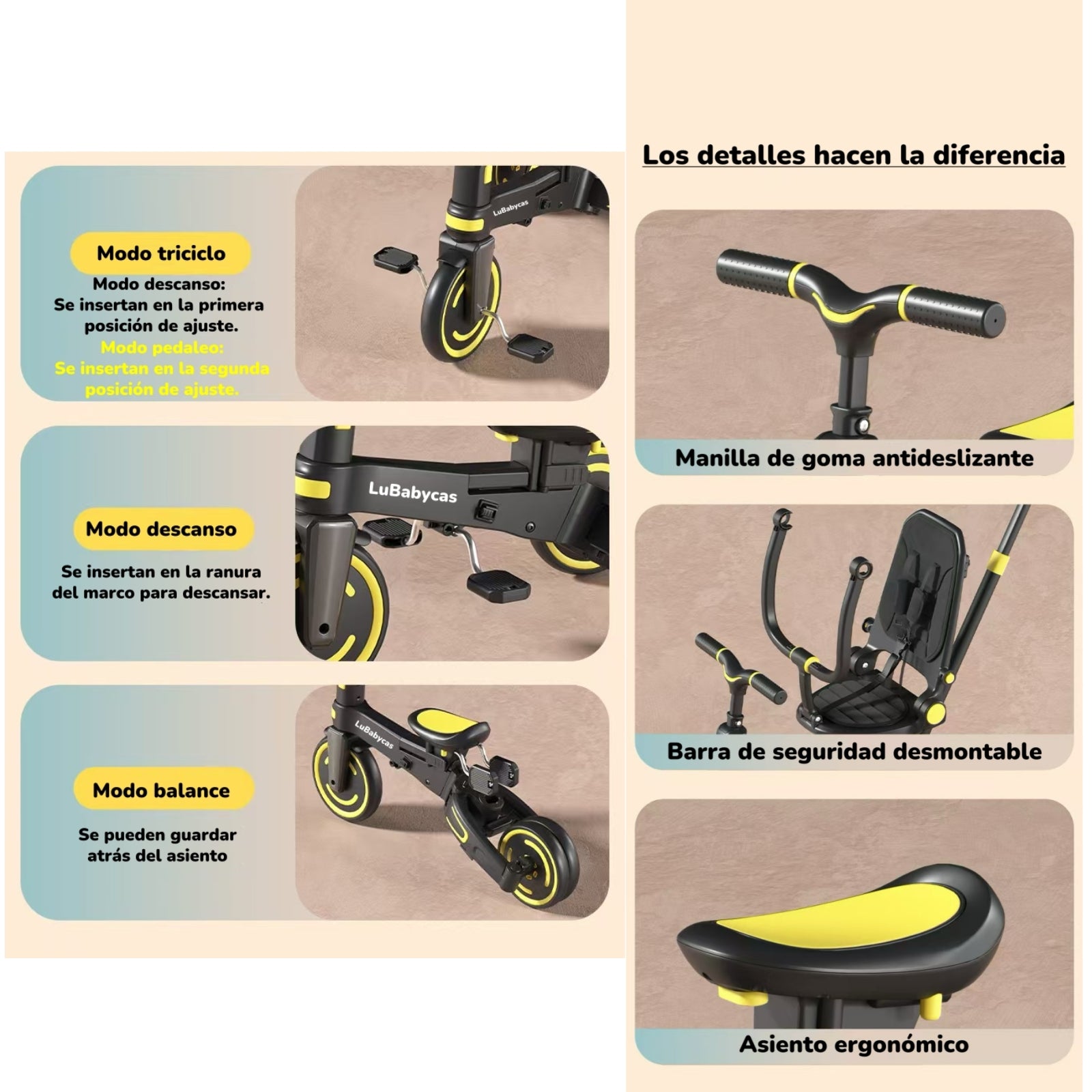 Triciclo Balance Plegable Con Bolso 9 En 1 LuBabycas Rosado