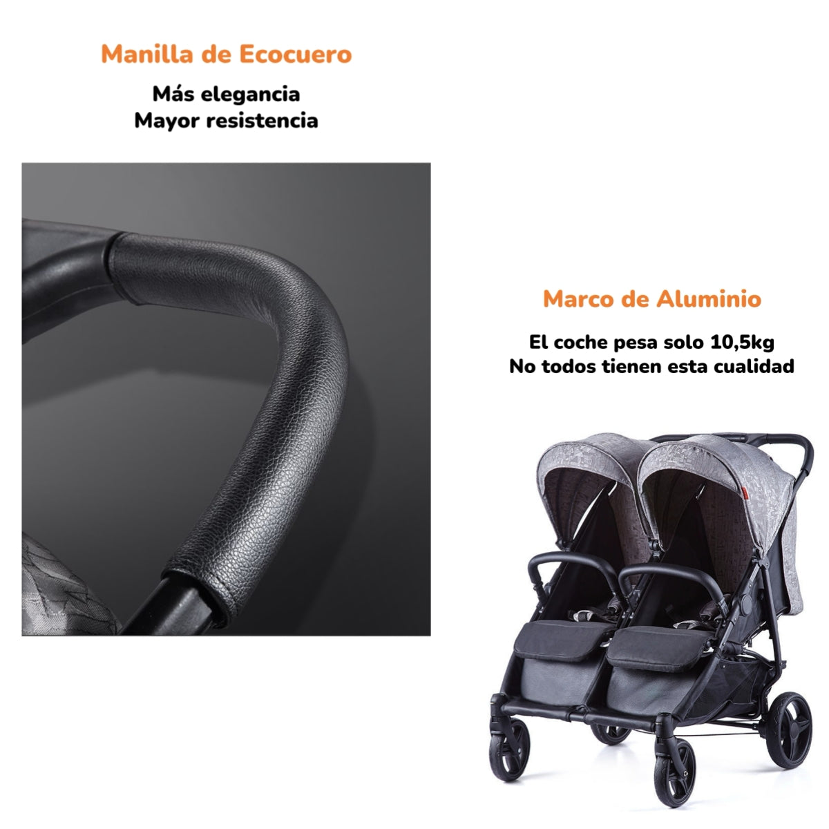Coche Doble De Paseo Marco Aluminio Liviano Gris LuBabycas