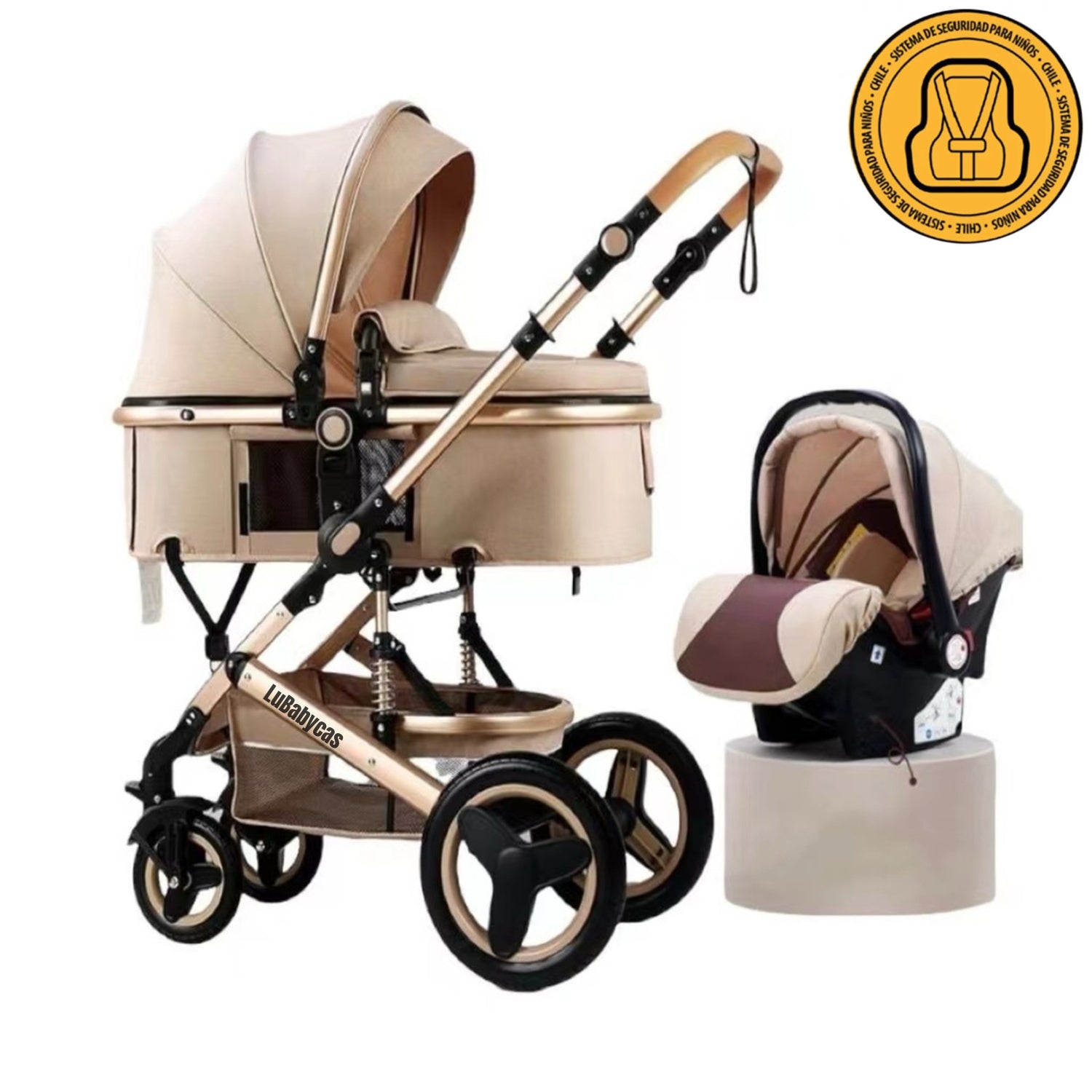 Coche Travel System Con Accesorios Dorado LuBabycas