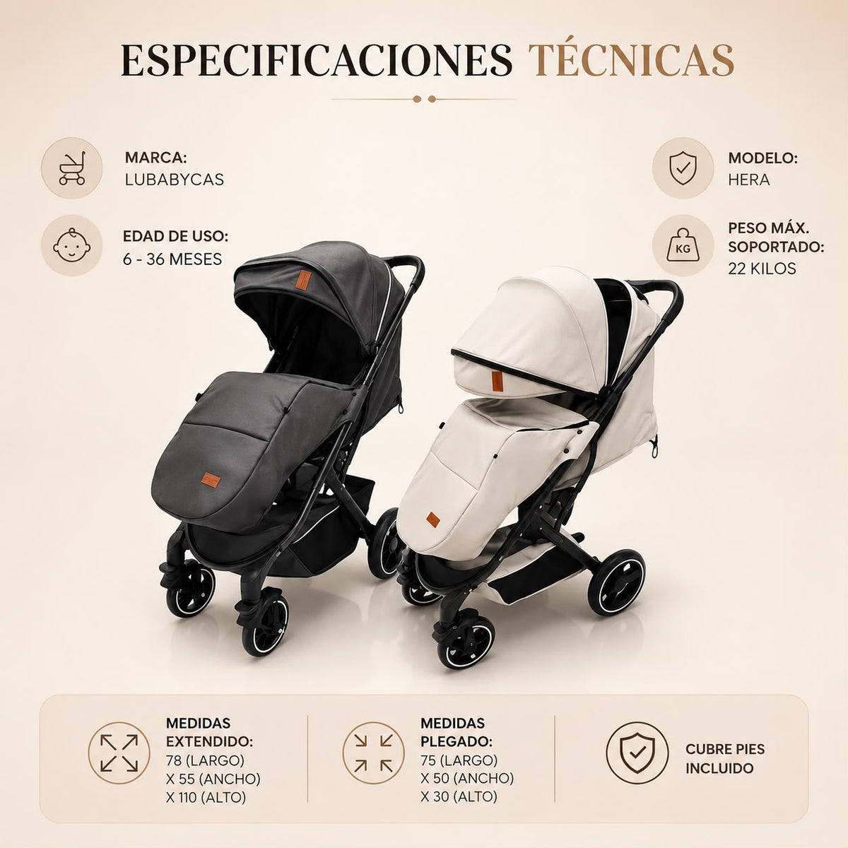 Coche de Paseo Bebé Con Cubre Pies Hera Negro LuBabycas