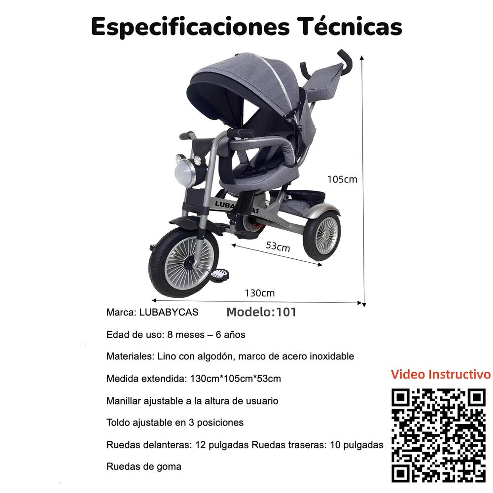 Triciclo Multifuncional 360° Con Luces Lubabycas Negro