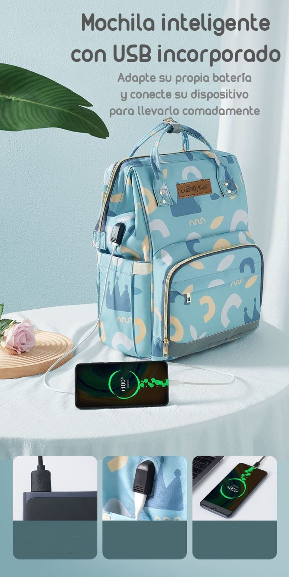 Mochila Maternal Impermeable Con Usb Lubabycas Rosada