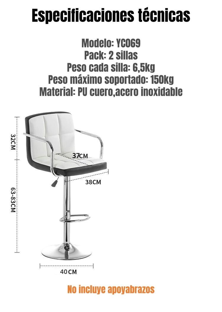 Pack 2 Sillas Piso Bar Negra Altura Regulable Ecocuero YC069