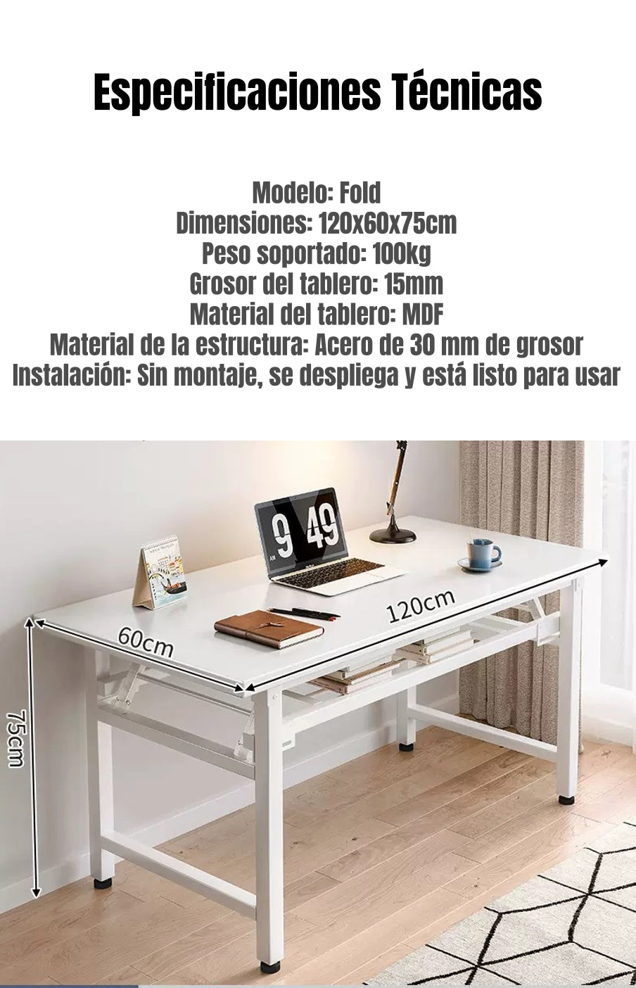 Escritorio Plegable Armado 120x60cm Fold Blanco