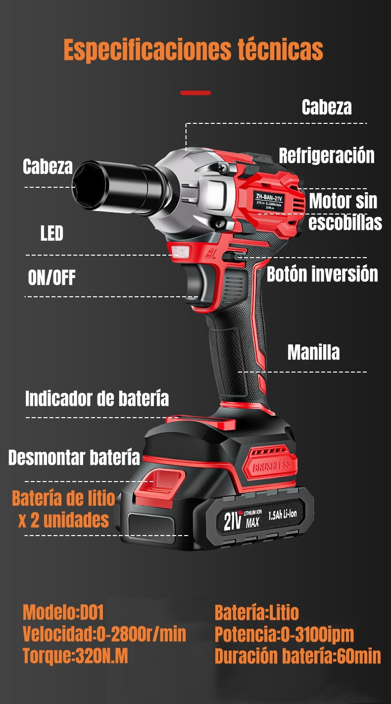 Kit Llave De Impacto Inalámbrica Taladro Pistola 2 Baterías