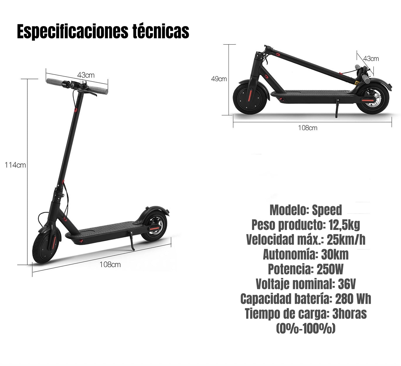 Scooter Adulto Eléctrico Con APP Plegable 30KM Negro Speed