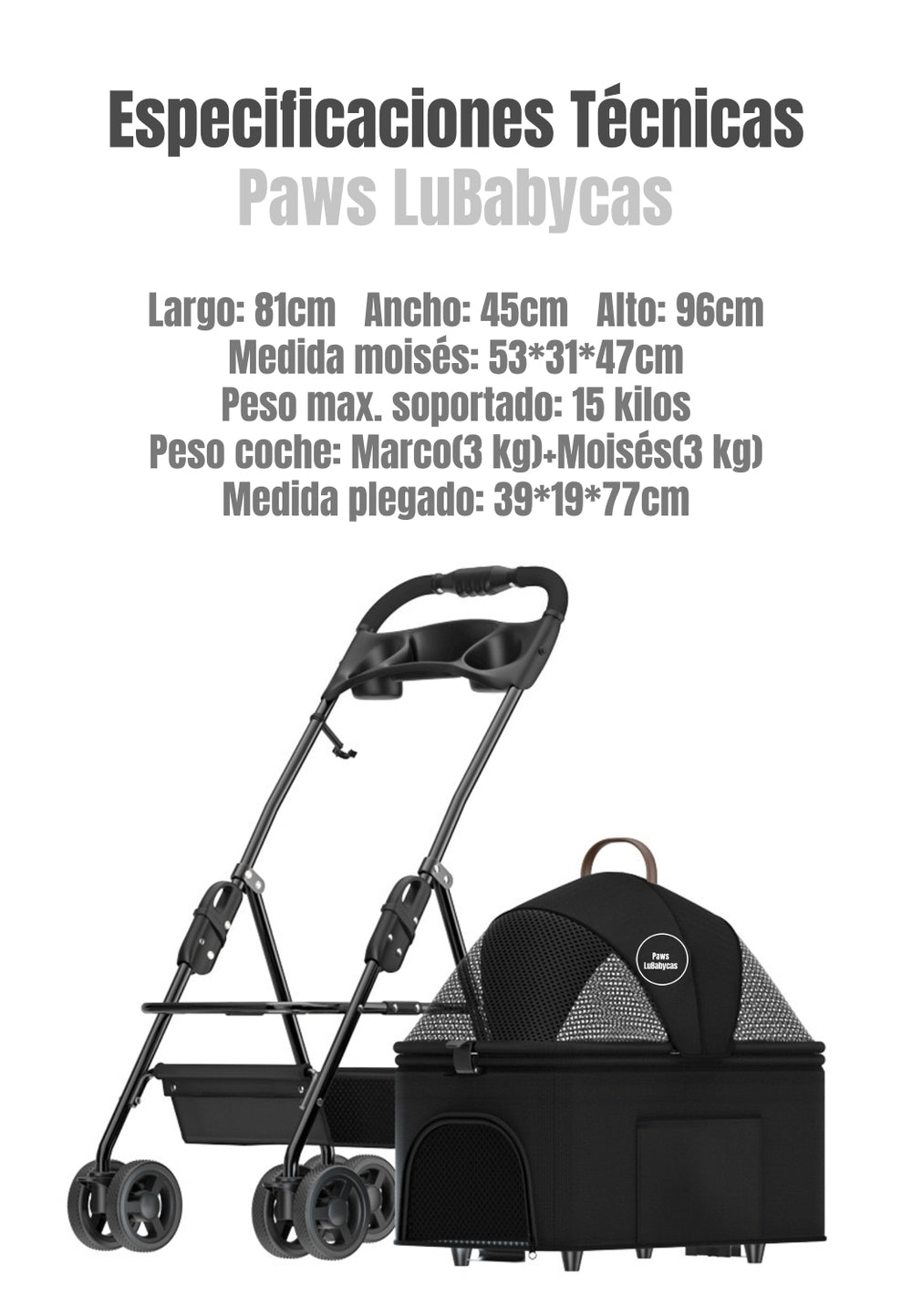 Coche Para Mascotas Plegable 2 En 1 Paws Negro LuBabycas